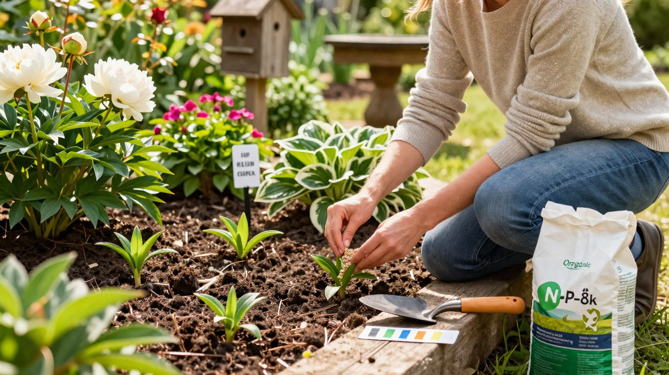 Pessoa plantando muda em jardim com flores, ao lado de saco de fertilizante e instrumento de jardinagem.