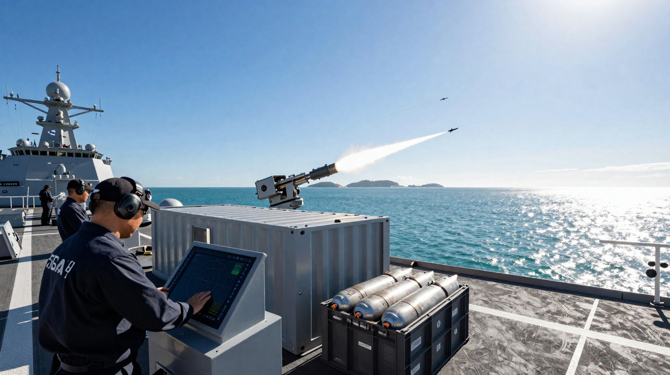 Militar operando sistema de defesa com arma automática disparando mísseis em navio no mar.