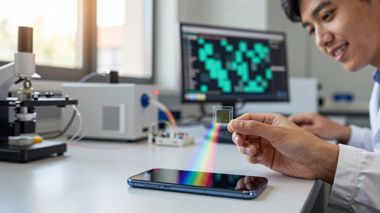 Pessoa segurando um chip transparente que projeta um raio de luz colorido sobre um smartphone em um laboratório tecnológico.
