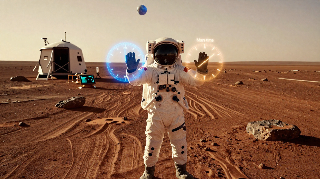 Astronauta em traje espacial em solo marciano com hologramas digitais e módulo de pouso ao fundo.