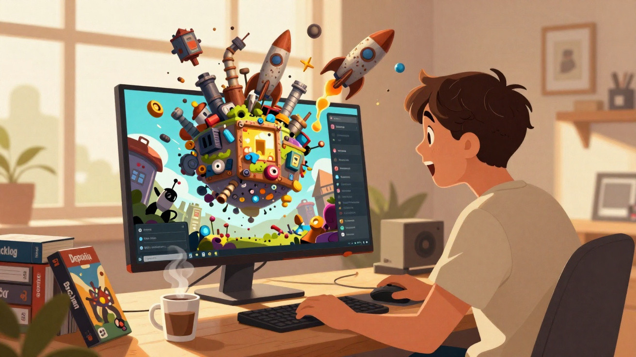 Jovem jogando no computador com foguetes e planetas saindo da tela em ambiente aconchegante.