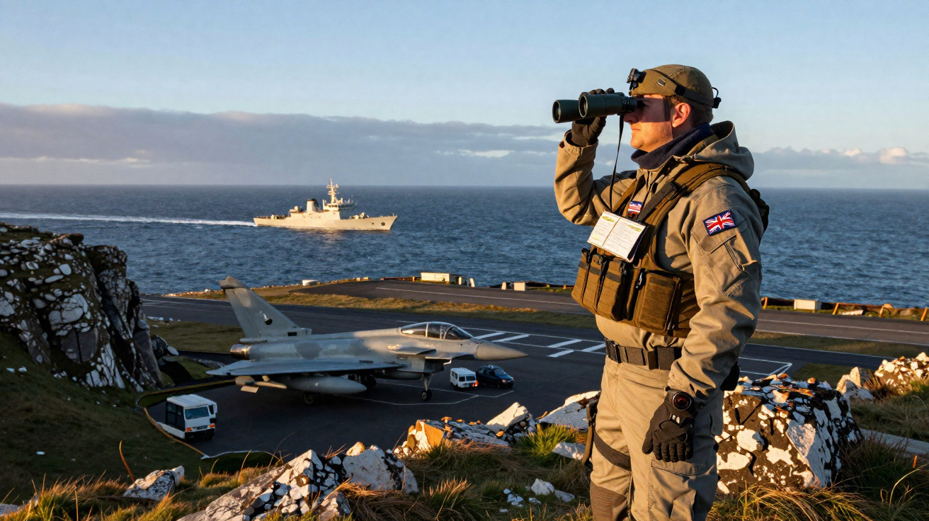 Militar britânico usando binóculos observa mar com navio, jato militar e veículos em base costeira ao entardecer.