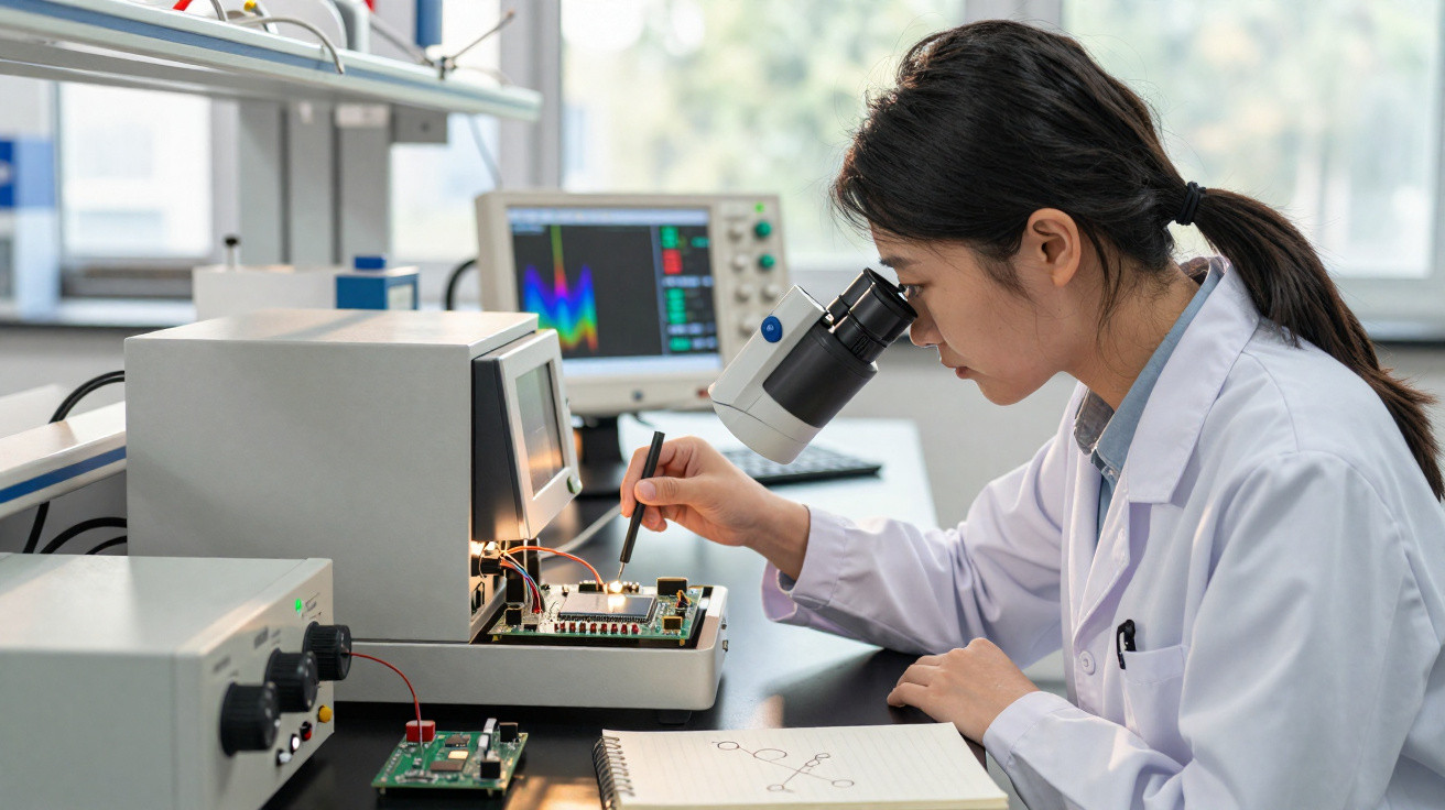 Mulher cientista em jaleco usando microscópio para examinar circuito eletrônico em laboratório.