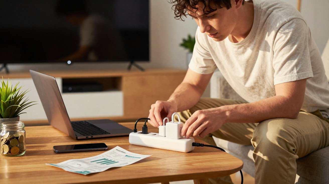 Homem conectando carregadores em régua de energia em mesa com notebook, smartphone e contas ao lado.