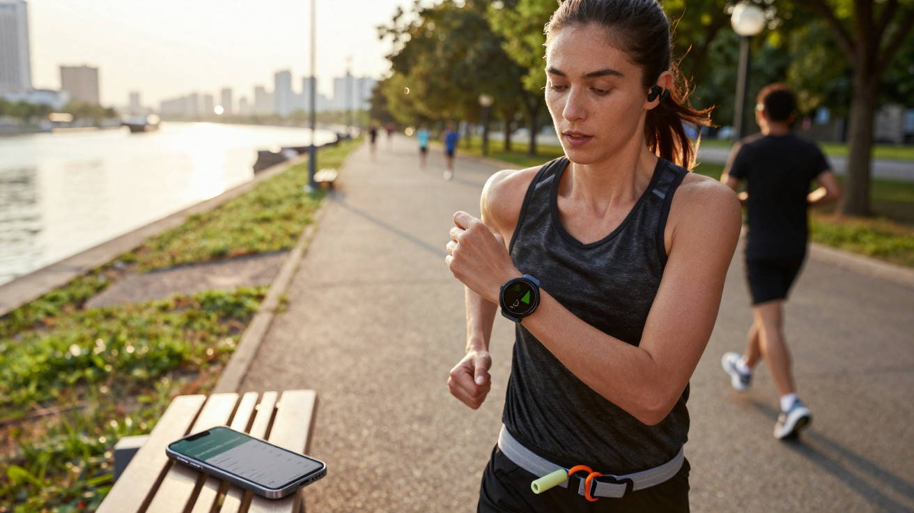 Mulher correndo em parque urbano ao amanhecer com smartwatch e fones de ouvido sem fio.