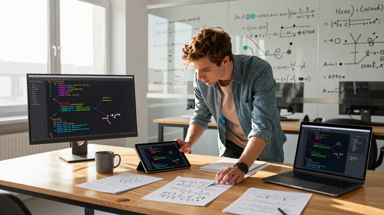 Jovem programador analisa código em tablet, laptop e monitor em mesa com papéis e gráficos matemáticos no escritório.