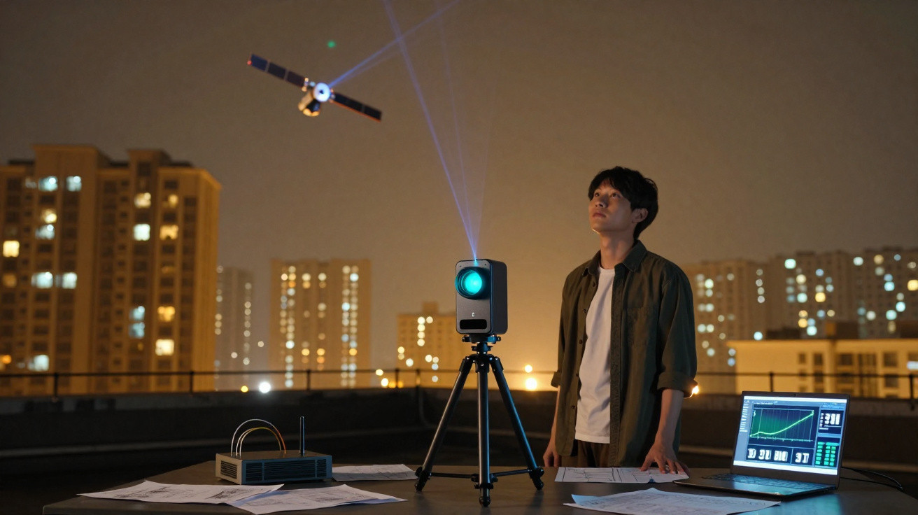 Jovem observando equipamento projetando feixe de luz para satélite à noite em terraço de cidade iluminada.