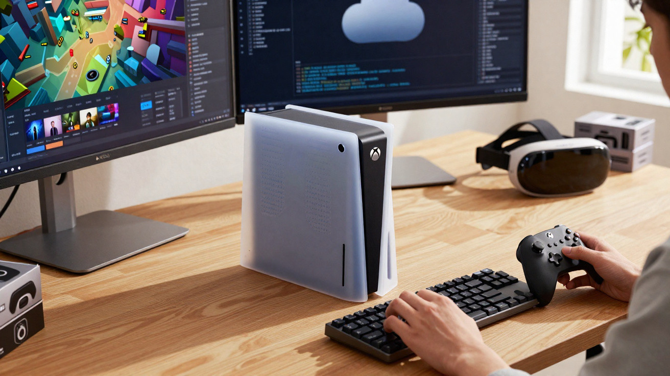 Mesa de madeira com console Xbox Series S, dois monitores, teclado, controle e óculos de realidade virtual.