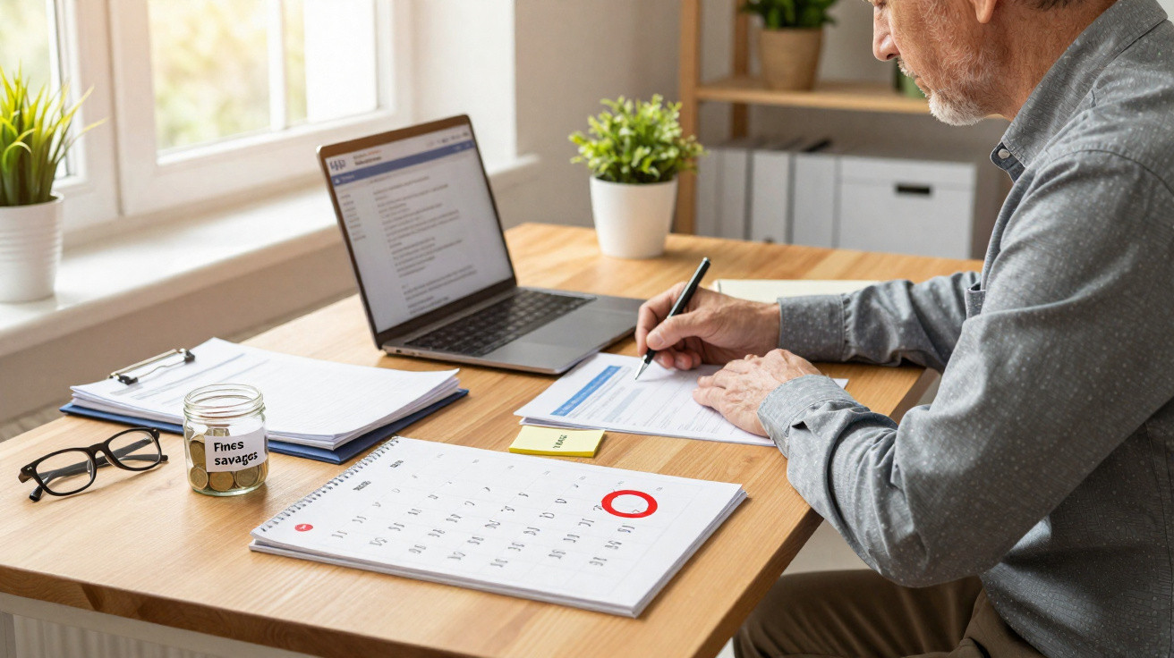 Homem escrevendo em documento numa mesa com calendário, laptop, óculos e plantas decorativas.