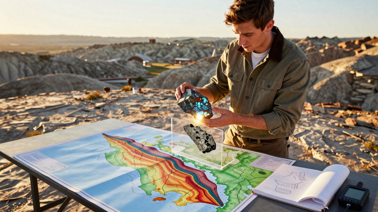 Homem estudando um fóssil iluminado sobre mapa geológico em área rochosa ao ar livre.