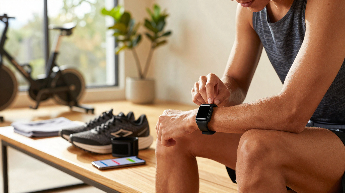 Homem sentado verificando smartwatch após exercício em ambiente interno com tênis e bicicleta ao fundo.
