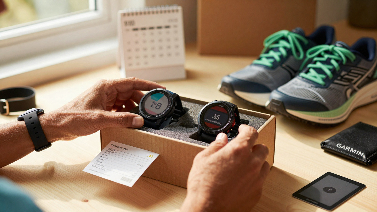 Pessoa segura relógios esportivos Garmin em caixa, ao lado de tênis, calendário e carteirinha na mesa.