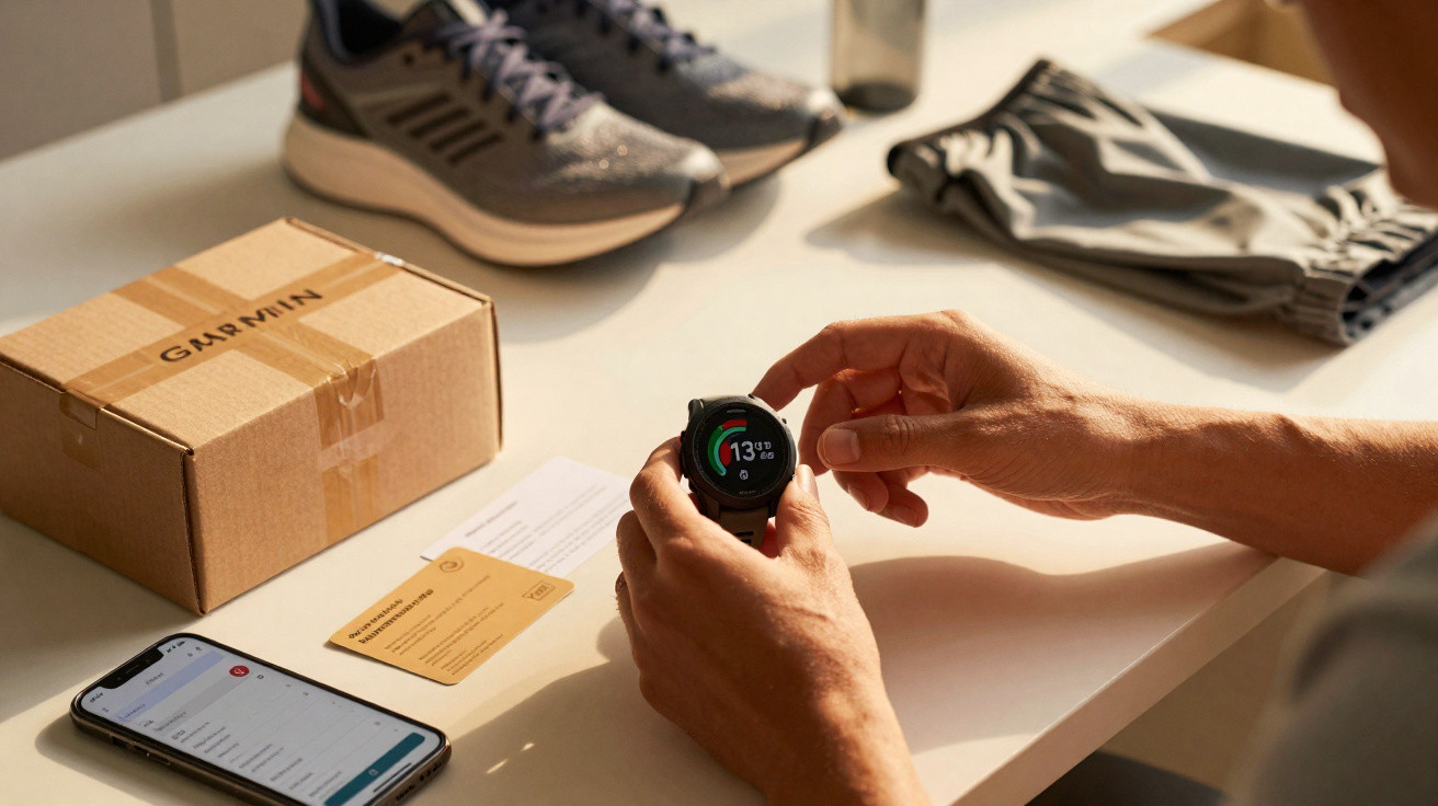 Pessoa segurando relógio esportivo Garmin, com tênis, caixa, celular e roupas ao fundo sobre mesa clara.