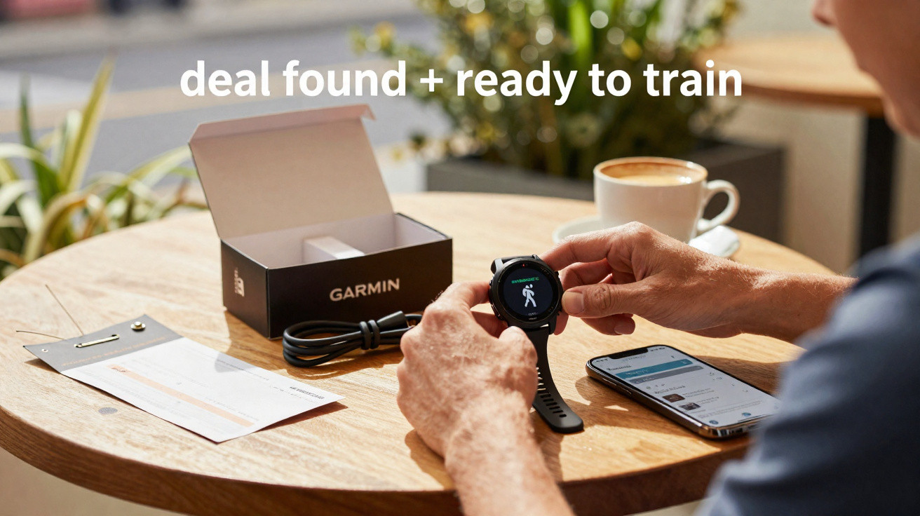 Pessoa segurando relógio Garmin em mesa de madeira com caixa, cabos, celular e xícara de café.