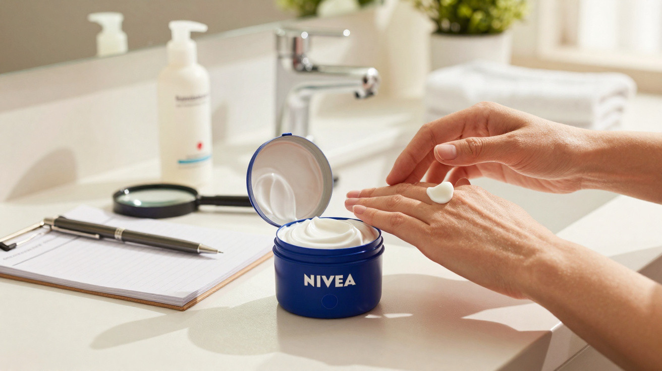 Pote azul de creme Nivea aberto com mãos aplicando a loção sobre a pele em pia branca.