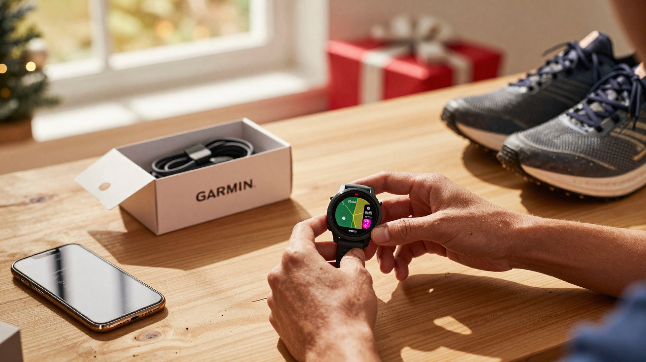 Pessoa ajustando smartwatch Garmin na mão, com celular, tênis e caixa do produto sobre mesa de madeira.