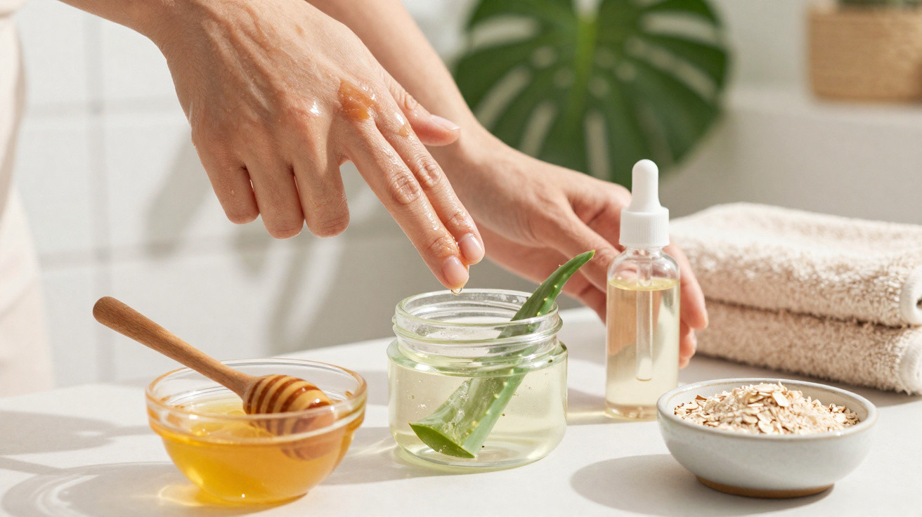 Mãos aplicando gel natural de aloe vera com potes de mel, óleo, aveia e toalha ao fundo.
