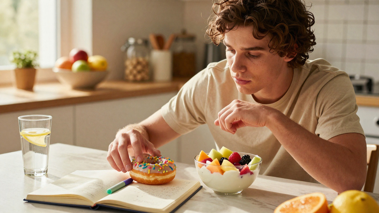 Jovem sentado à mesa com caderno aberto, comendo donut e tigela de frutas na cozinha iluminada.