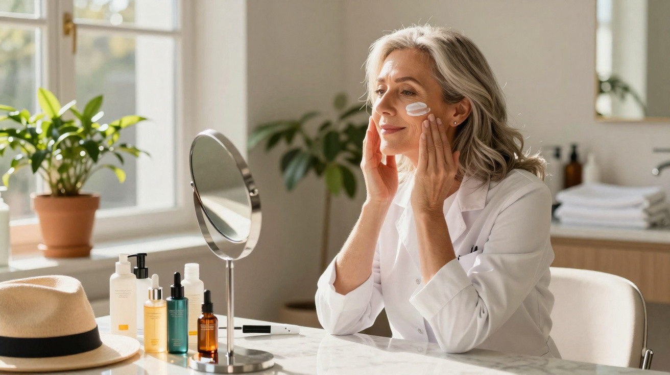 Mulher madura aplicando creme no rosto sentada à mesa com produtos de beleza e espelho em ambiente iluminado.