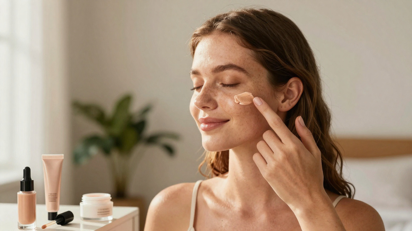 Mulher aplicando base no rosto com produtos de maquiagem ao lado em ambiente interno iluminado.