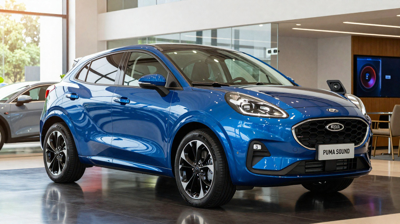 Carro azul Ford Puma Sound exposto em showroom moderno com piso brilhante e iluminação natural.