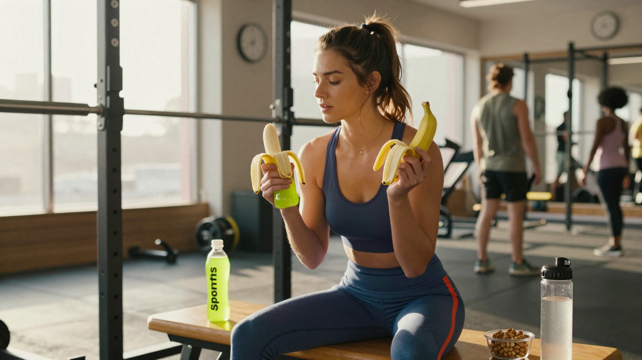 Mulher em roupa esportiva descascando duas bananas em academia durante pausa para lanche.