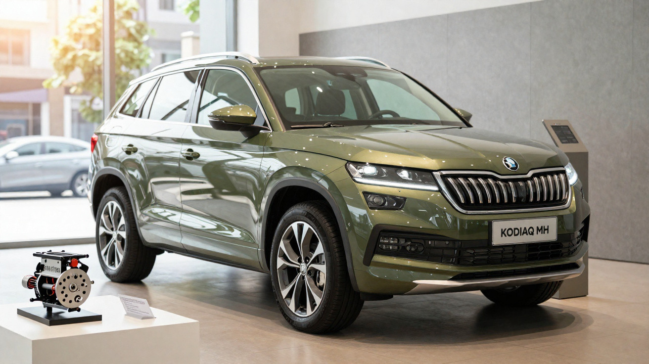 Carro SUV verde Skoda Kodiaq MH exposto em showroom com motor exibido ao lado.