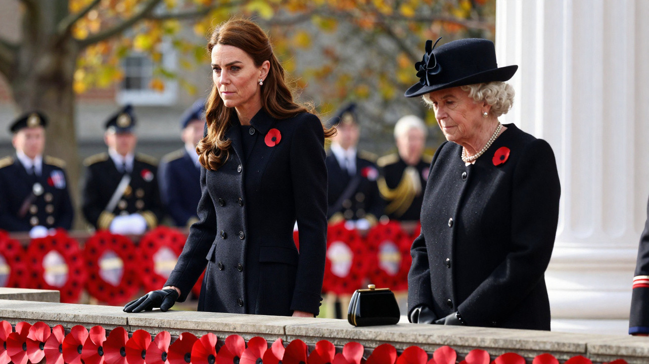 Duas mulheres vestidas de preto com flores vermelhas no peito em cerimônia formal ao ar livre.