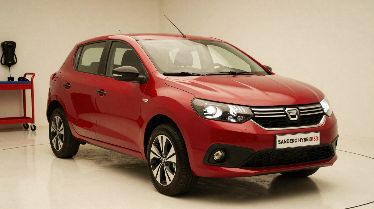 Carro vermelho sedan Sandero Hybrid 1.6, frente e lateral direita em fundo branco.