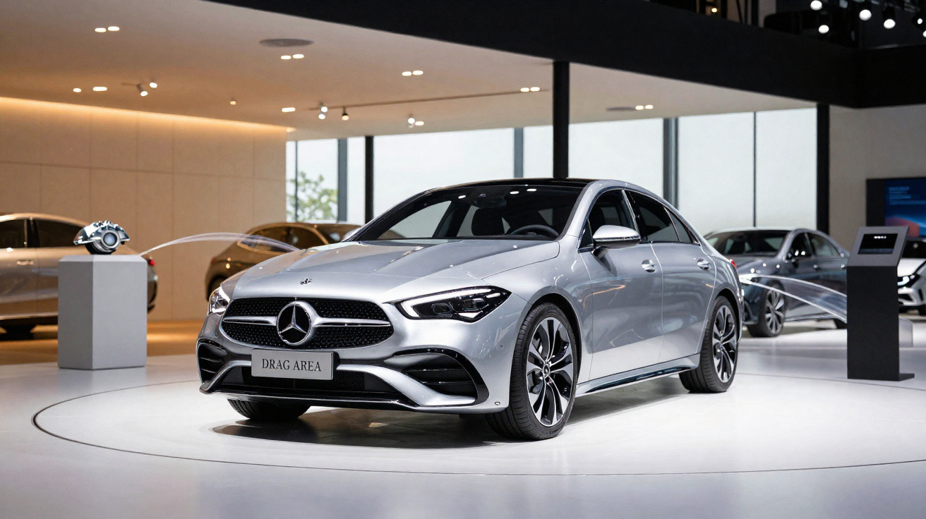 Carro prata Mercedes-Benz sedan exposto em salão moderno com iluminação LED e piso branco.
