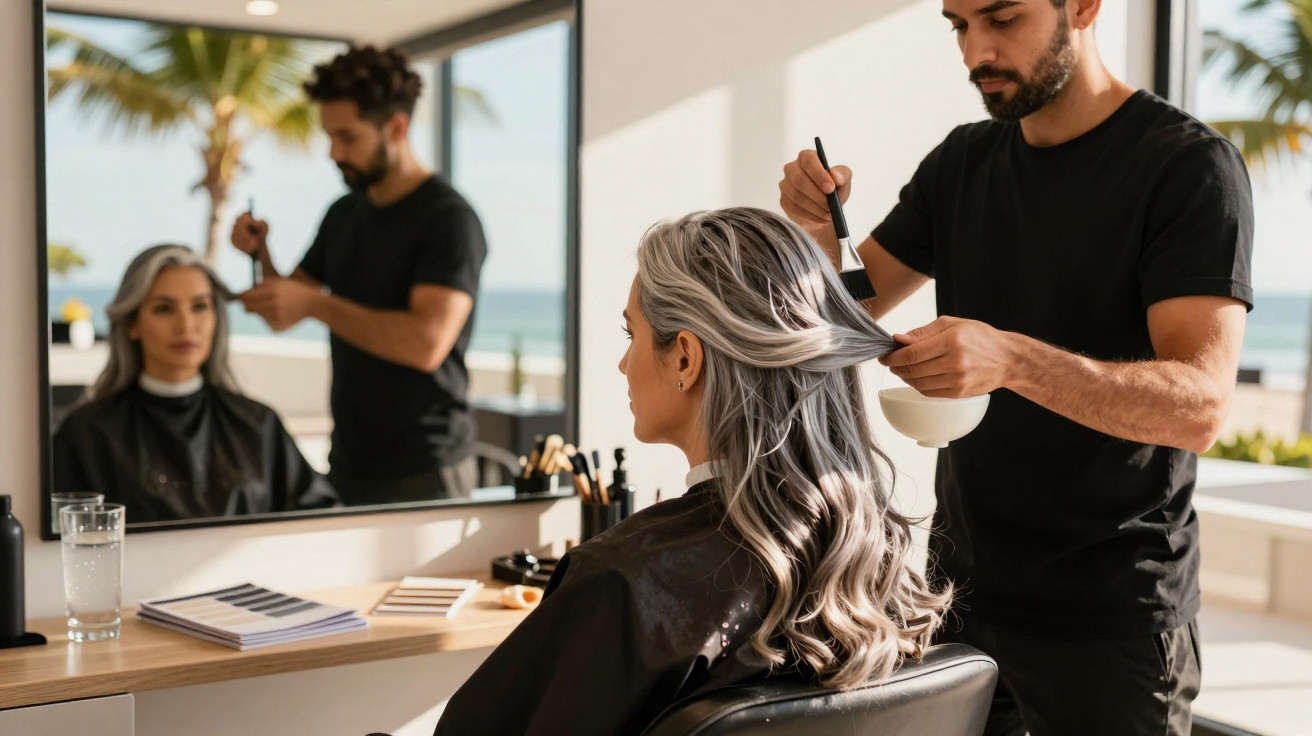 Profissional aplica tonalizante no cabelo de cliente loira em salão com vista para o mar.