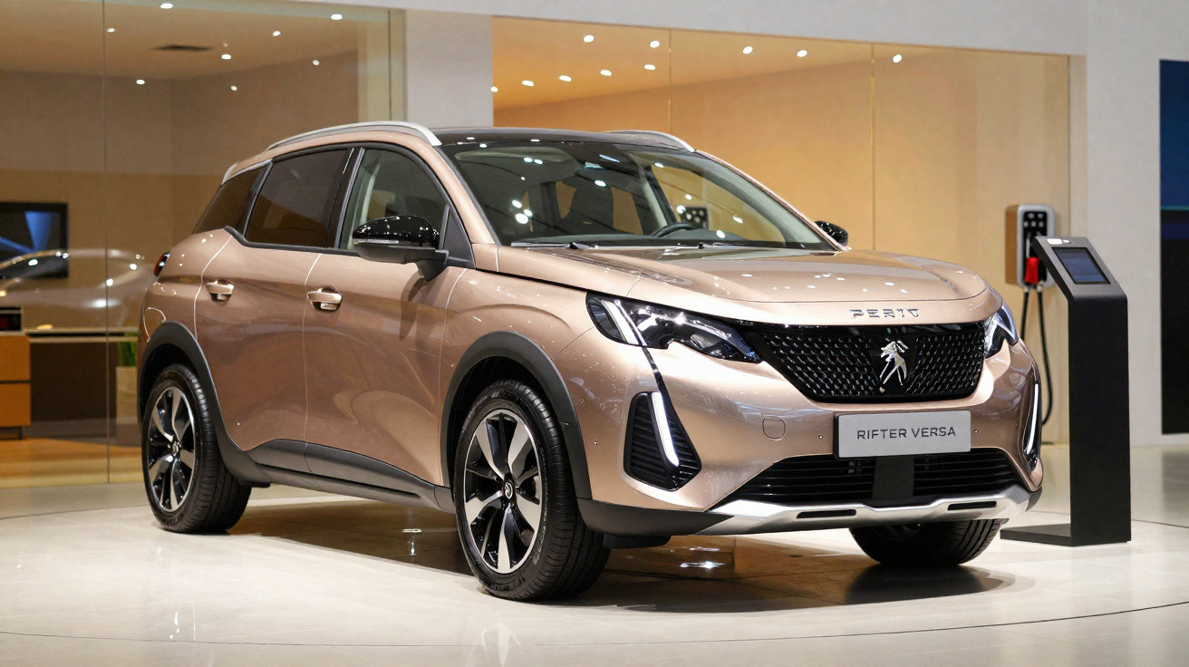 Carro SUV Peugeot Rifter Versa cor bege, exibido em ambiente interno com acabamento moderno.