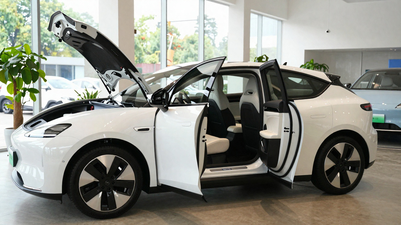 Carro elétrico branco em showroom com portas e capô dianteiro abertos, interior visível e ambiente iluminado.