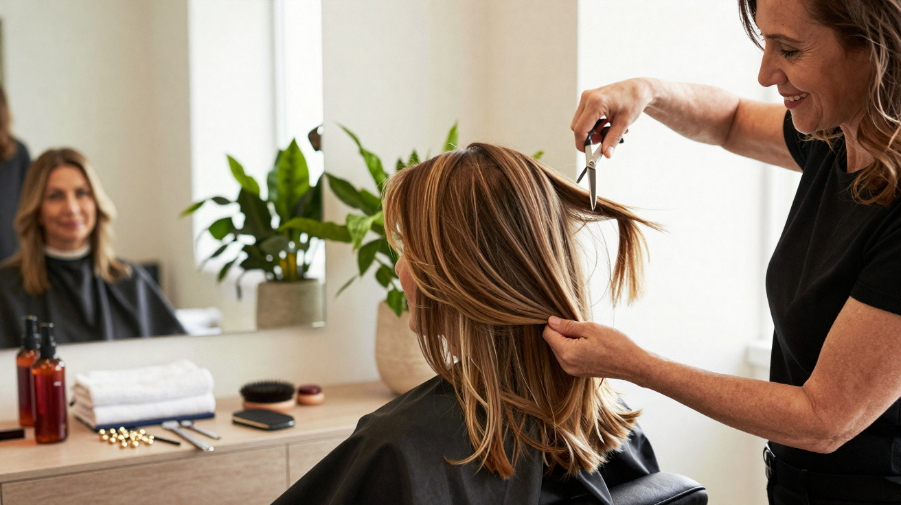 Cabeleireira cortando o cabelo de uma mulher em salão com espelho e plantas ao fundo.