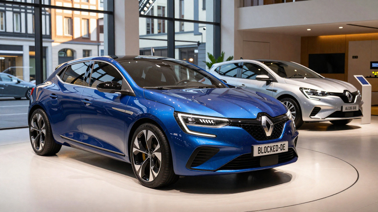 Dois carros Renault expostos em showroom moderno, um azul em primeiro plano e um prata ao fundo.