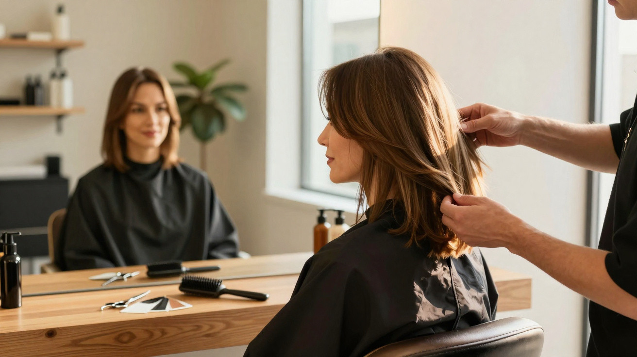 Cliente sentada em cadeira de salão enquanto cabeleireiro arruma seu cabelo na frente do espelho.