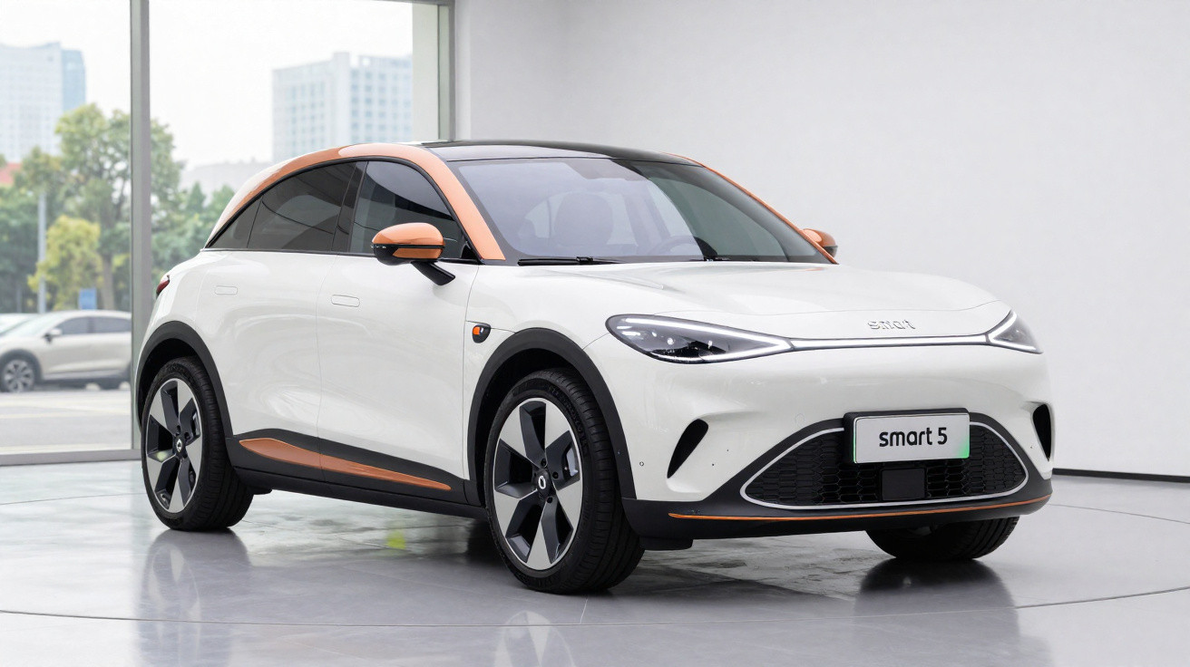 Carro elétrico Smart 5 branco com detalhes em laranja em ambiente interno moderno e iluminado.
