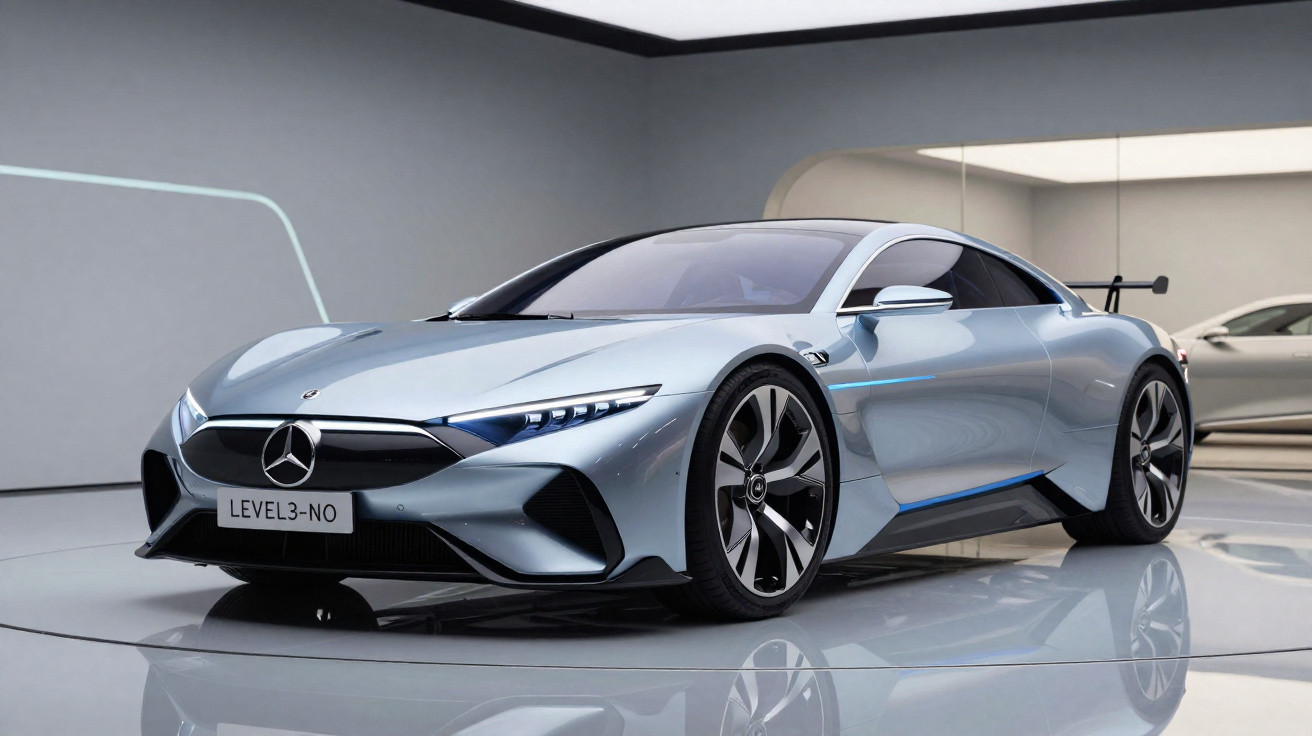 Carro esportivo elétrico prata da Mercedes-Benz com design aerodinâmico e rodas grandes em ambiente moderno.