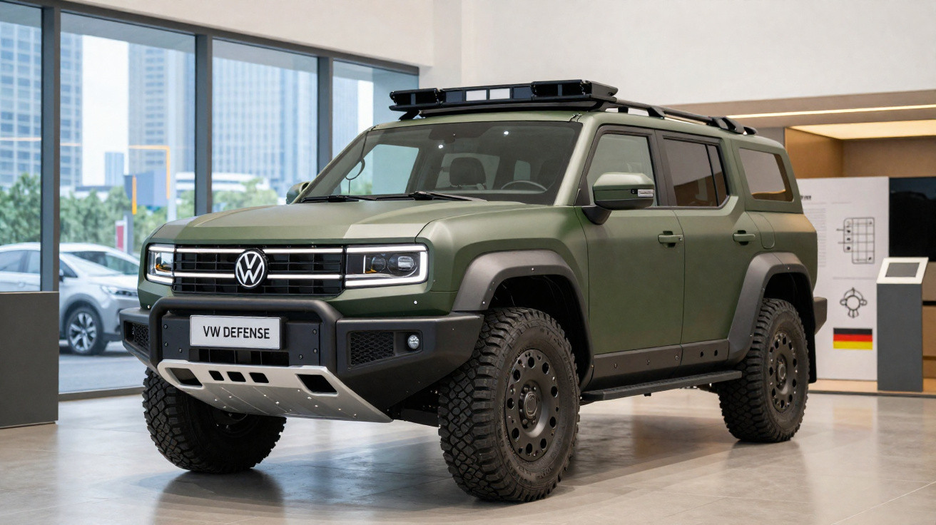Carro utilitário VW Defense verde militar com pneus off-road em showroom moderno e iluminado.