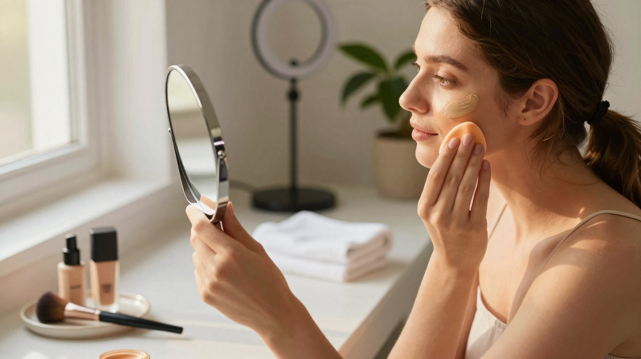 Mulher aplicando base no rosto com esponja, olhando em espelho de mão em ambiente iluminado.