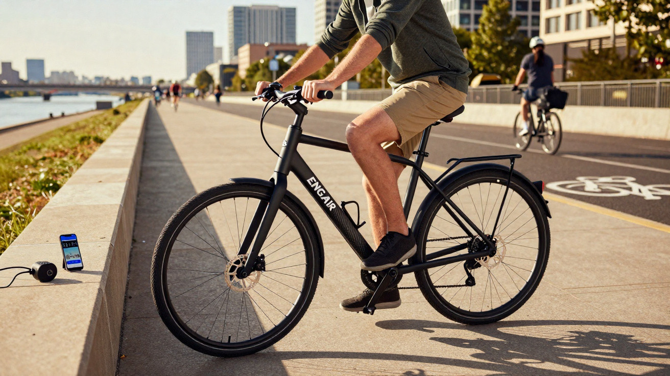 Pessoa pedalando bicicleta elétrica preta em ciclovia urbana próxima a rio e prédios altos.