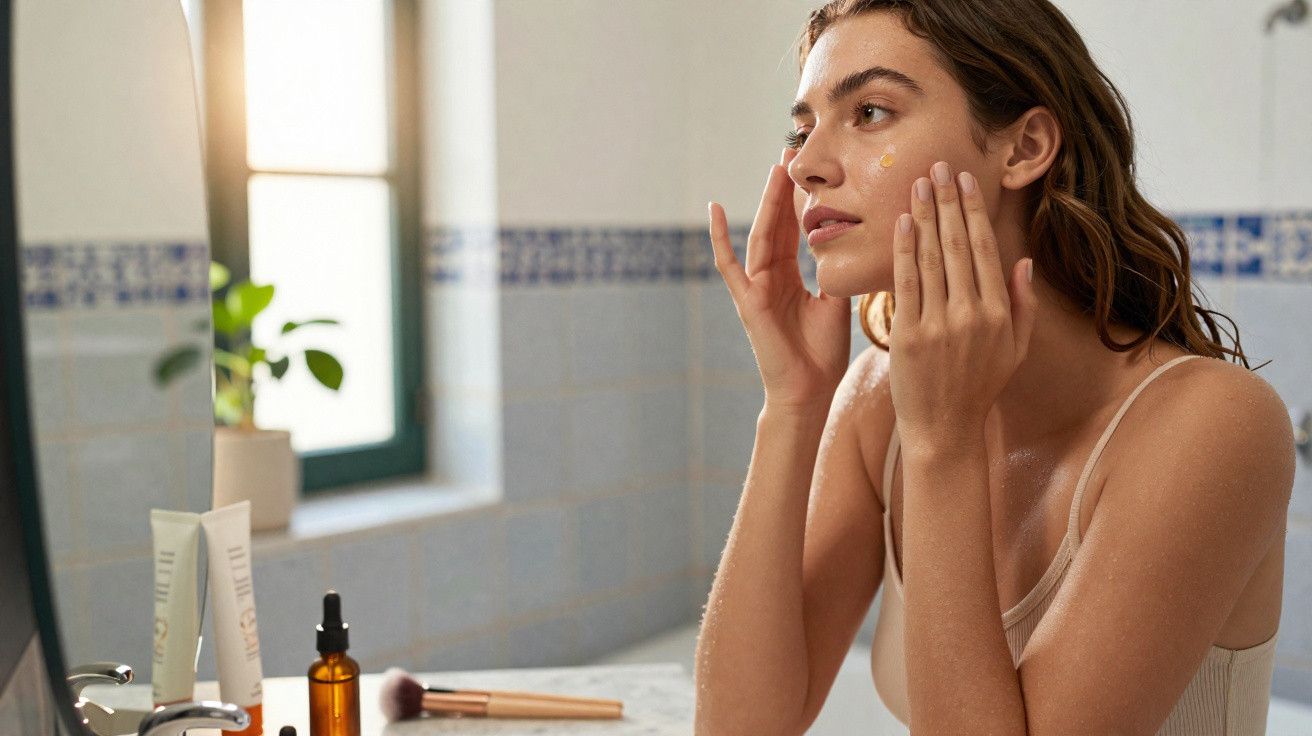 Mulher aplica creme no rosto em banheiro com espelho e produtos de skincare na bancada.