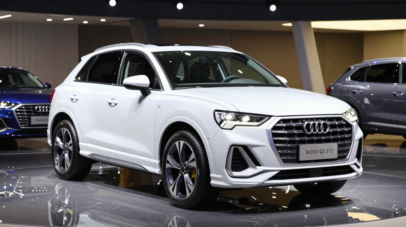 Audi Q3 branco exposto em salão automotivo com iluminação refletida no piso brilhante.
