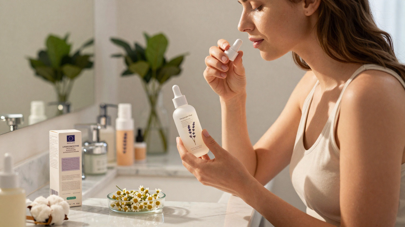 Mulher aplicando sérum facial com conta-gotas em banheiro com planta e produtos de skincare ao fundo.