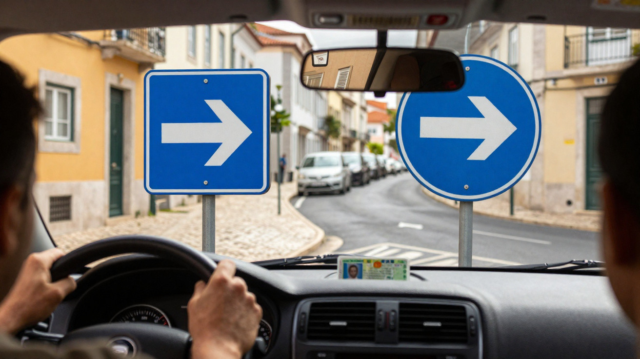 Interior de carro com motorista e passageiro, mostrando duas placas azuis com setas apontando para a direita.
