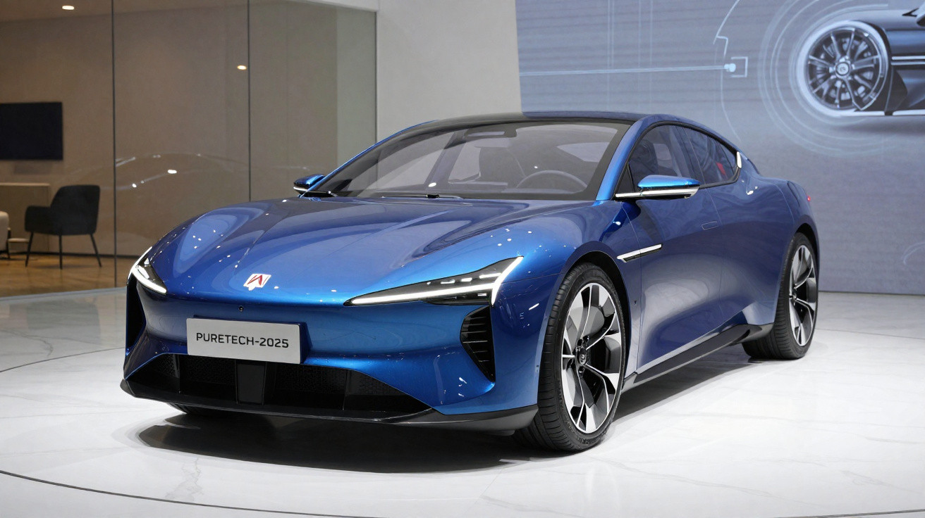 Carro esportivo elétrico azul PureTech-2025 exibido em salão moderno com iluminação branca.