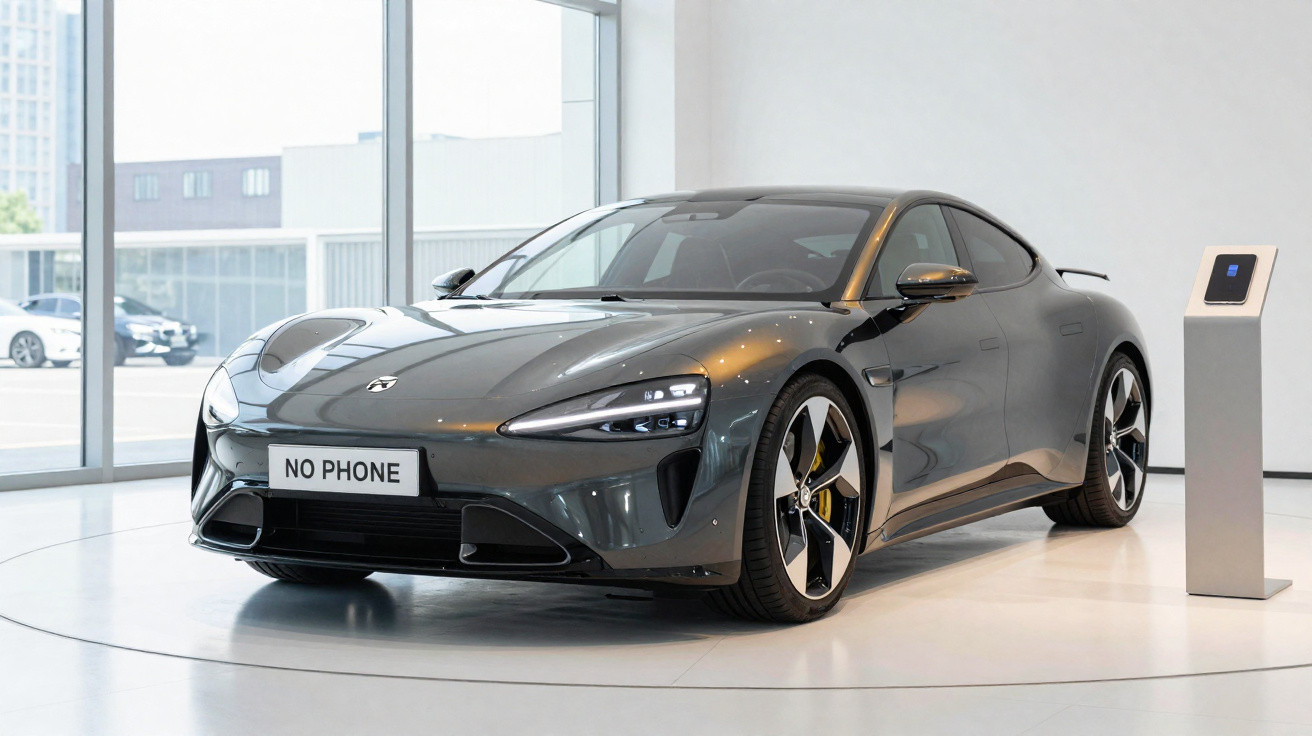 Carro esportivo elétrico cinza exposto em showroom moderno, com placa escrita "NO PHONE".