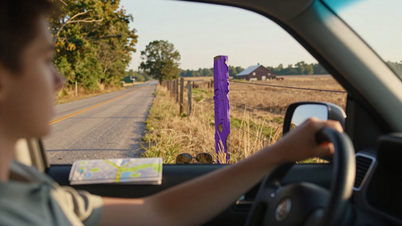 Pessoa dirigindo por estrada rural com mapa no painel e cerca ao lado da estrada.