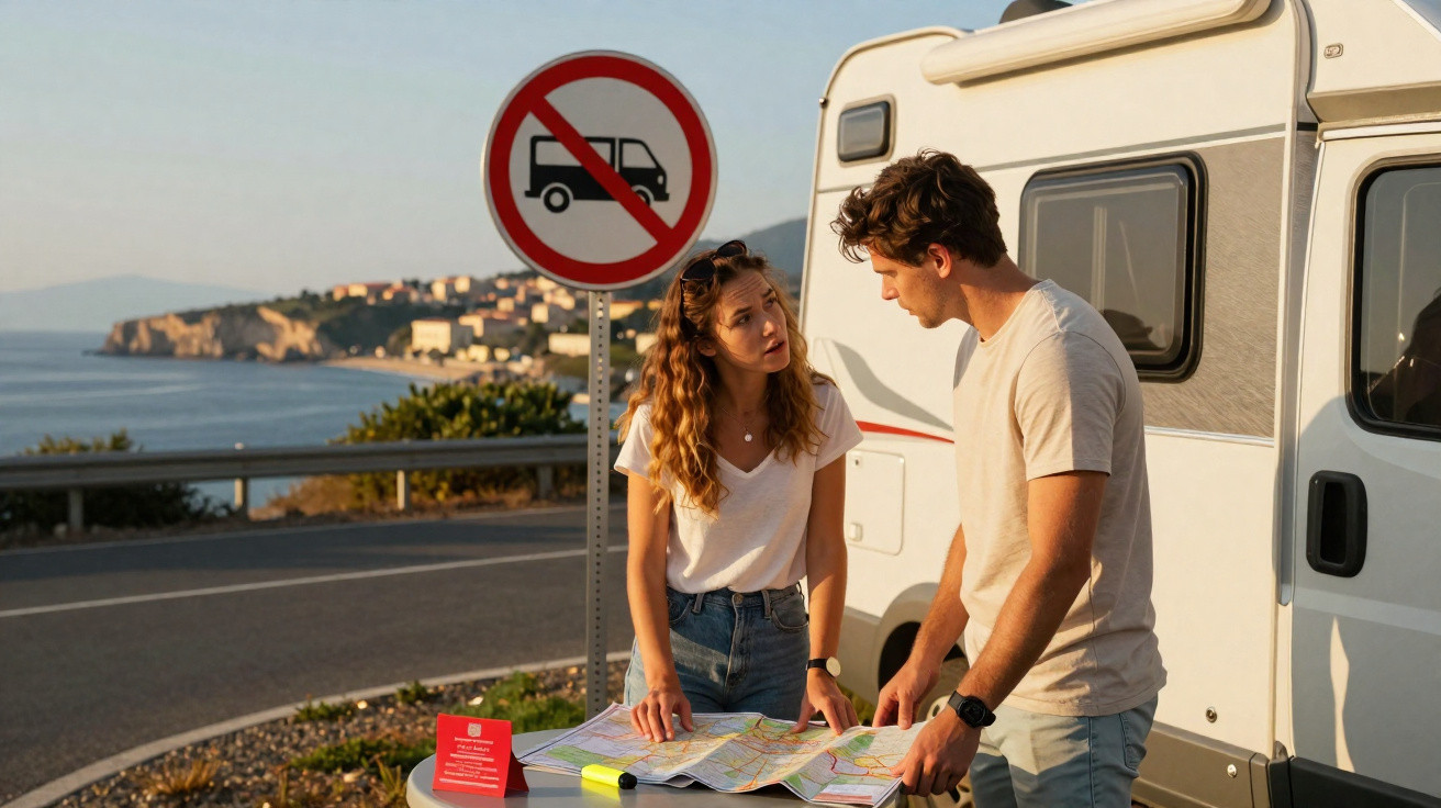 Casal olhando mapa perto de trailer e placa de proibição de carro em estrada à beira-mar.