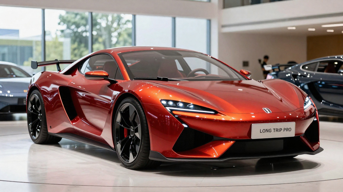 Carro esportivo vermelho metálico modelo Long Trip Pro em exposição interna com faróis acesos.